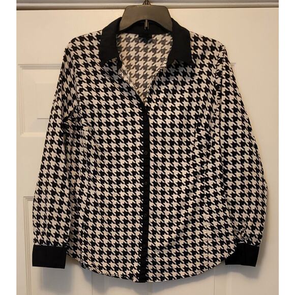 Worthington Houndstooth Top Women's Size 14 Button Up Black/White With Collar - Picture 1 of 9